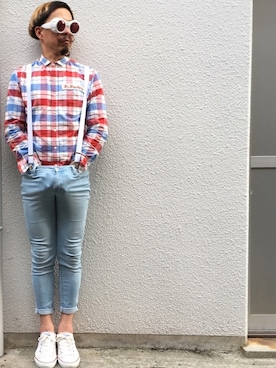 「アイテム（サスペンダー、ホワイト系）」を使った、と んさん（メンズ・173cm）の夏コーディネート