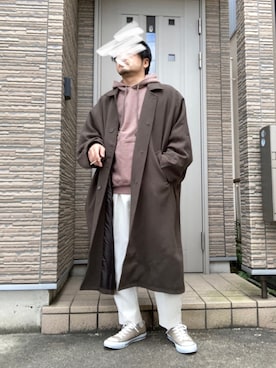 「act'm（アクトム）のアイテム（ステンカラーコート）」を使った、タルナンドさん（メンズ・165cm）の冬コーディネート