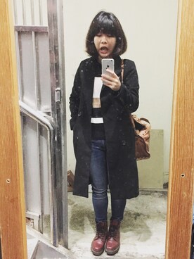 「Dr. Martens（ドクターマーチン）のアイテム（ブーツ、レッド系）」を使った、鮎🤡さん（レディース・157cm）の冬コーディネート