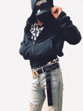 「HERON PRESTON（ヘロンプレストン）のアイテム（Cap、ブラック系）」を使った、もこ太郎☆ さん（メンズ）の秋コーディネート