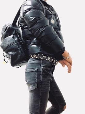 「MONCLER（モンクレール）のアイテム（Down Jacket / Coat、ブラック系）」を使った、もこ太郎☆ さん（メンズ）の秋コーディネート