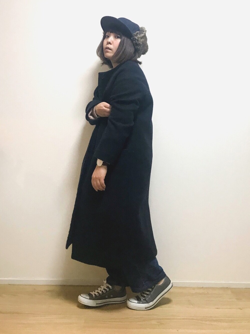 「studio clip、アウター、ノーカラーコート、ニット、フライトキャップ、ダニエルウェリントン、Daniel Wellington、コンバース、KBF、カオリノモリ」｜「kaorinomoriのアイテム（帽子、ブルー系）」を使った、osonosanさん（レディース・146cm）の秋コーディネートの1枚目の写真