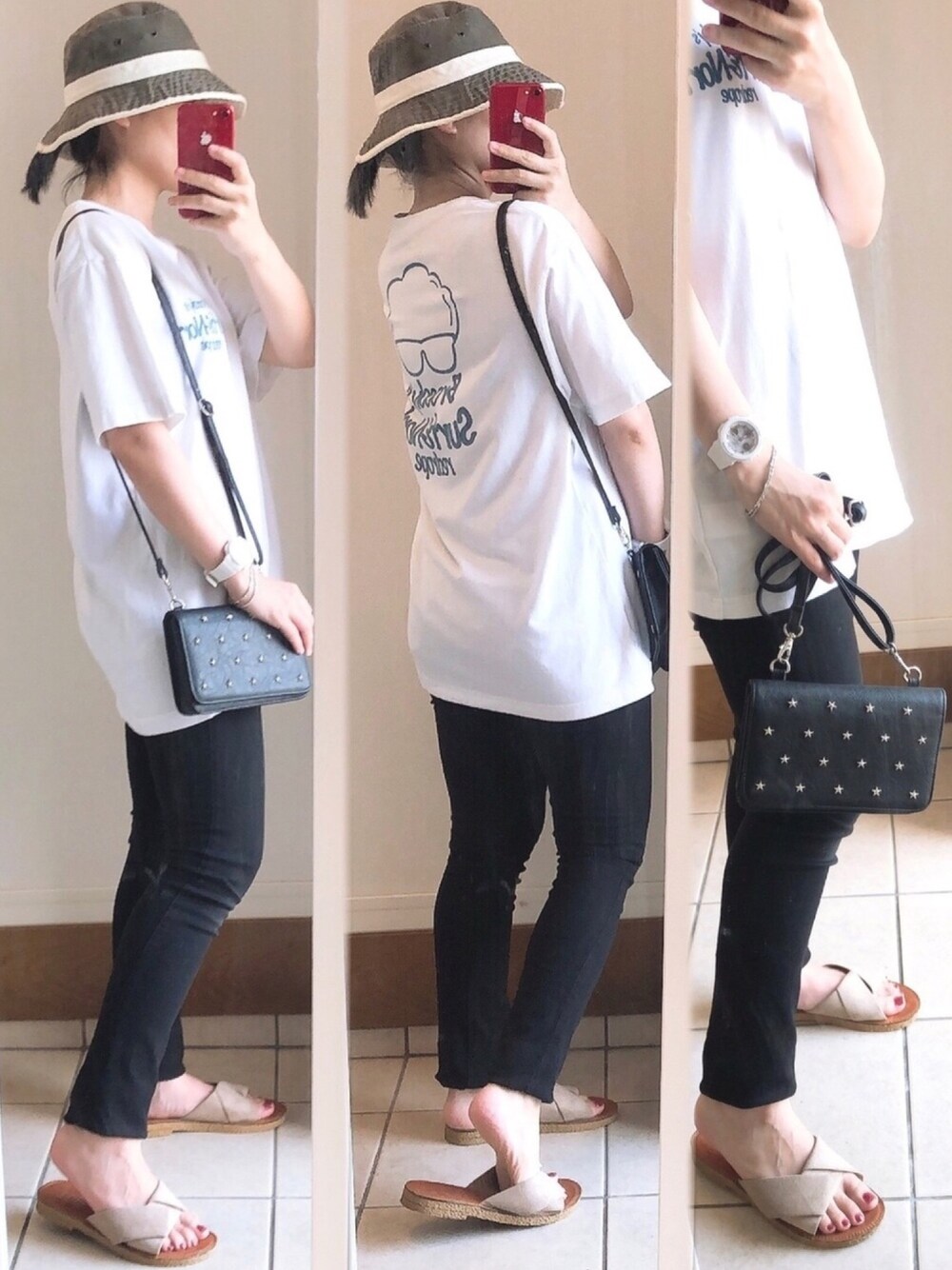 「バケットハット、低身長、パンツスタイル、白Tシャツ」｜「BAYFLOWの【SURF & NORF】ブロッコリーTee（Tシャツ/カットソー、ホワイト系）」を使った、momi.さん（レディース・152cm）の夏コーディネートの1枚目の写真