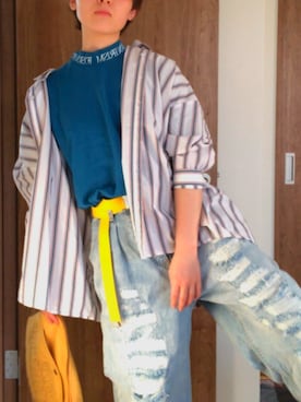 「GU（ジーユー）のアイテム（Tシャツ/カットソー、ブルー系）」を使った、湯さん（レディース・158cm）の春コーディネート