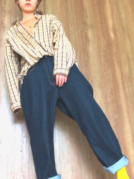 「GU（ジーユー）のアイテム（デニムパンツ、ブルー系）」を使った、湯さん（レディース・158cm）の春コーディネート