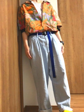 「RAGEBLUE（レイジブルー）の【抗菌防臭】＜旬な着こなしが実現！＞シューレースデニムワイドパンツ/760906（デニムパンツ、ブルー系）」を使った、湯さん（レディース・158cm）の夏コーディネート