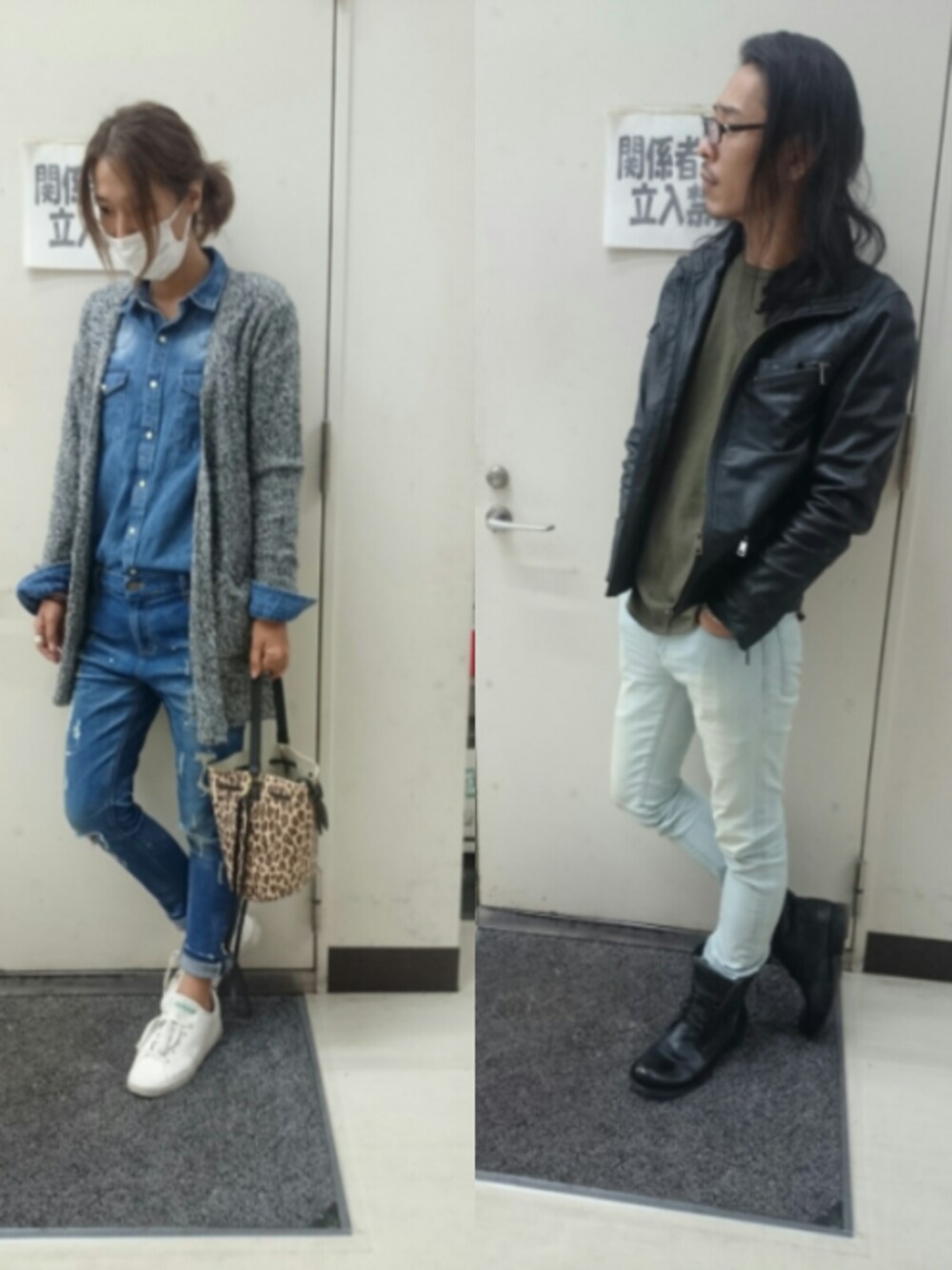 ブラック系のカーディガン/ボレロ、ブルー系のシャツ/ブラウス、ブルー系のデニムパンツを着用したレディースの秋コーディネートの1枚目の写真