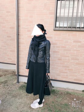 「Rodeo Crowns（ロデオクラウンズ）のアイテム（ライダースジャケット）」を使った、むぃむぃさん（レディース・168cm）の冬コーディネート