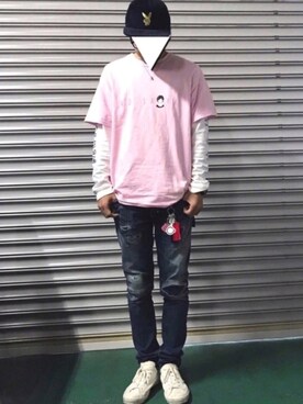 「アイテム（キーホルダー、ピンク系）」を使った、Lさん（メンズ・170cm）の秋コーディネート