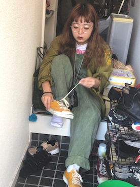 「アイテム（メガネ、ホワイト系）」を使った、ヒナッチさん（レディース・153cm）の秋コーディネート