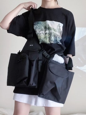 「黒Tシャツ」｜「アイテム（ベスト、ブラック系）」を使った、fuyuさん（レディース・158cm）の夏コーディネート