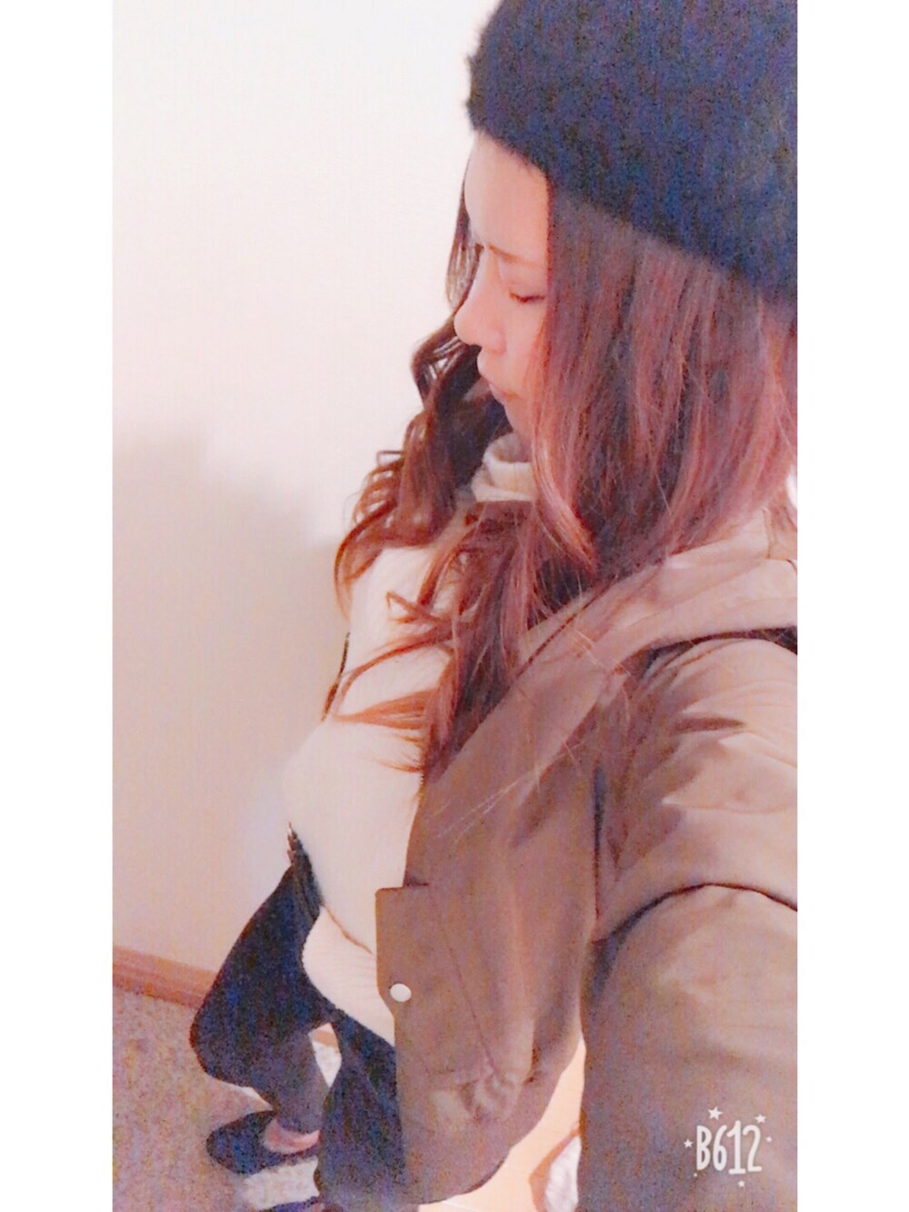 「GRLのアンゴラベレー帽（ハンチング/ベレー帽、ブラック系）」を使った、...piさん（レディース・158cm）の冬コーディネートの1枚目の写真