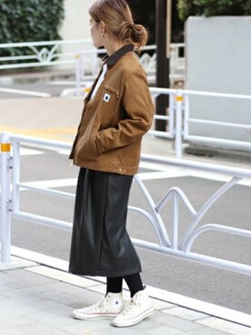 「Carhartt（カーハート）のアイテム（ジャケット/アウター）」を使った、masu*さん（レディース・160cm）の冬コーディネート