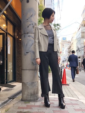 「透けトップス」｜「アイテム（ライダースジャケット）」を使った、なべさん（レディース・161cm）の春コーディネート