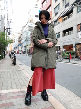 「スリットパンツ」｜「アイテム（ダウンジャケット/コート）」を使った、なべさん（レディース・161cm）の冬コーディネート