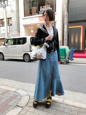 「サンダルに靴下」｜「アイテム（ライダースジャケット）」を使った、なべさん（レディース・161cm）の春コーディネート