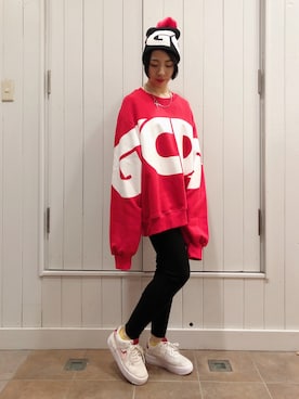 「ロゴニット」｜「アイテム（ニットキャップ/ビーニー）」を使った、なべさん（レディース・161cm）の秋コーディネート