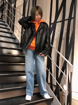「ボーイッシュ」｜「アイテム（ライダースジャケット）」を使った、なべさん（レディース・161cm）の冬コーディネート