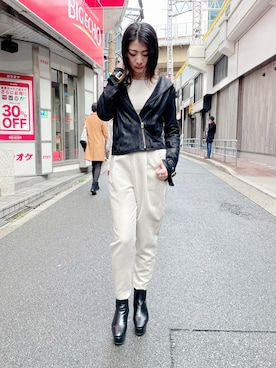 「アイテム（ライダースジャケット）」を使った、なべさん（レディース・161cm）の冬コーディネート