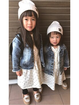 「西松屋」｜「アイテム（デニムジャケット）」を使った、RIA♡REINAさん（キッズ・90cm）の秋コーディネート