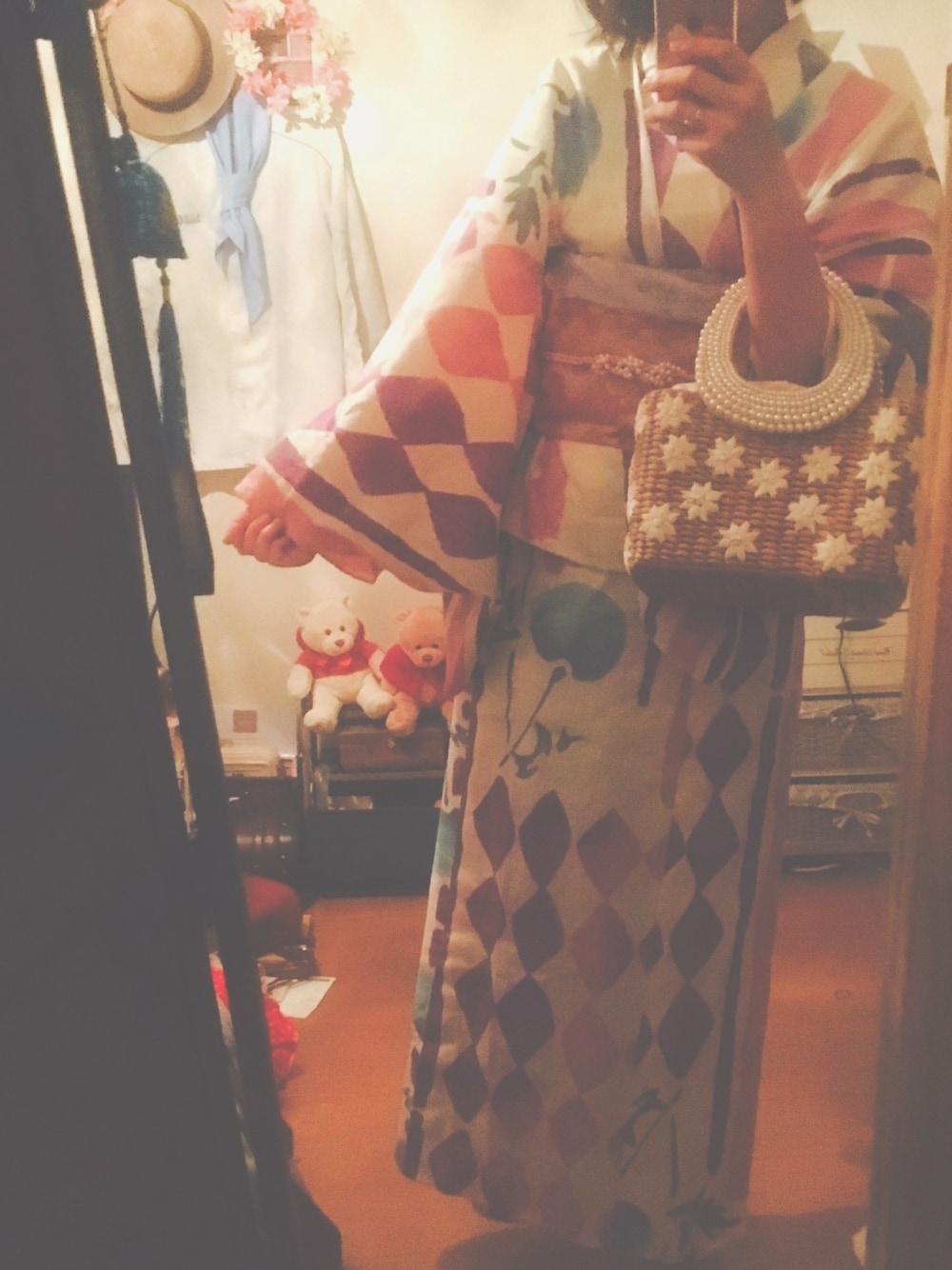「かごバッグ、浴衣、夏、個性派、Kawaii、ナチュラル、着付け、和装、和、花火大会」｜「TSUMORI CHISATOのアイテム（浴衣、ベージュ系）」を使った、Harupiisさん（レディース・156cm）の夏コーディネートの1枚目の写真
