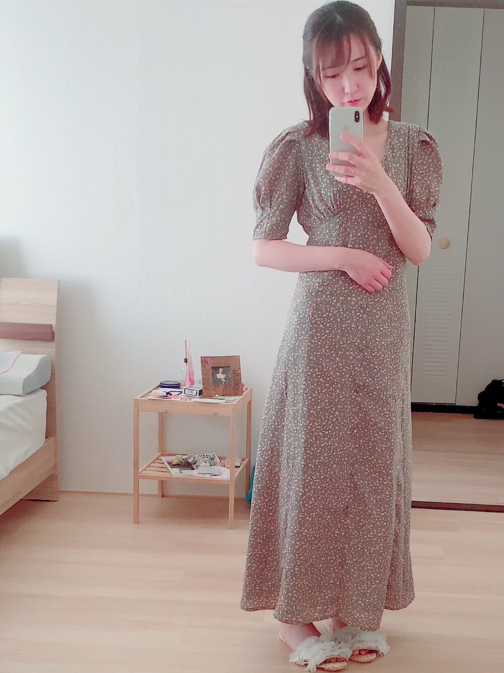 「カシュクールワンピース、カシュクール、プチプラ、ロングワンピース、いいね、save、フォローお願いします🤑、春夏コーデ、低身長、低身長コーデ、小花柄、グリーン」｜「GRLのアイテム（ワンピース/ドレス、グリーン系）」を使った、Harupiisさん（レディース・156cm）の春コーディネートの1枚目の写真