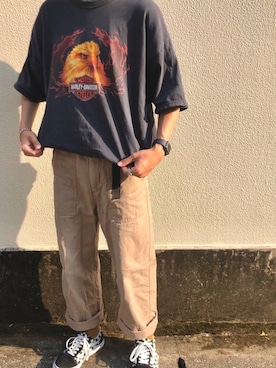 「Harley-Davidson（ハーレーダビッドソン）のアイテム（Tシャツ/カットソー、ブラック系）」を使った、吹雪さん（メンズ・173cm）の夏コーディネート