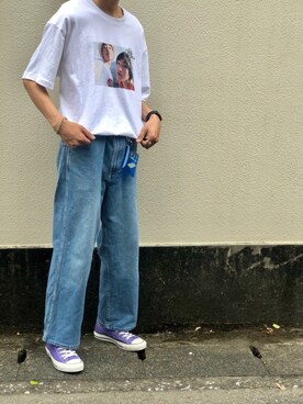 「GU（ジーユー）のアイテム（デニムパンツ、ブルー系）」を使った、吹雪さん（メンズ・173cm）の夏コーディネート
