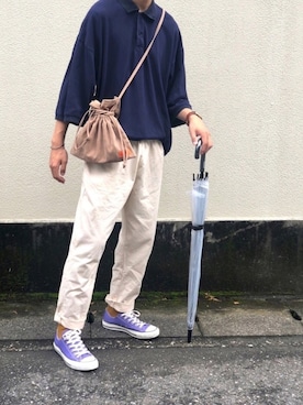 「VOTE MAKE NEW CLOTHES（ボートメイクニュークローズ）のVOTE MAKE NEW CLOTHES / ハーフジップビッグポロシャツ（ポロシャツ、ブルー系）」を使った、吹雪さん（メンズ・173cm）の夏コーディネート