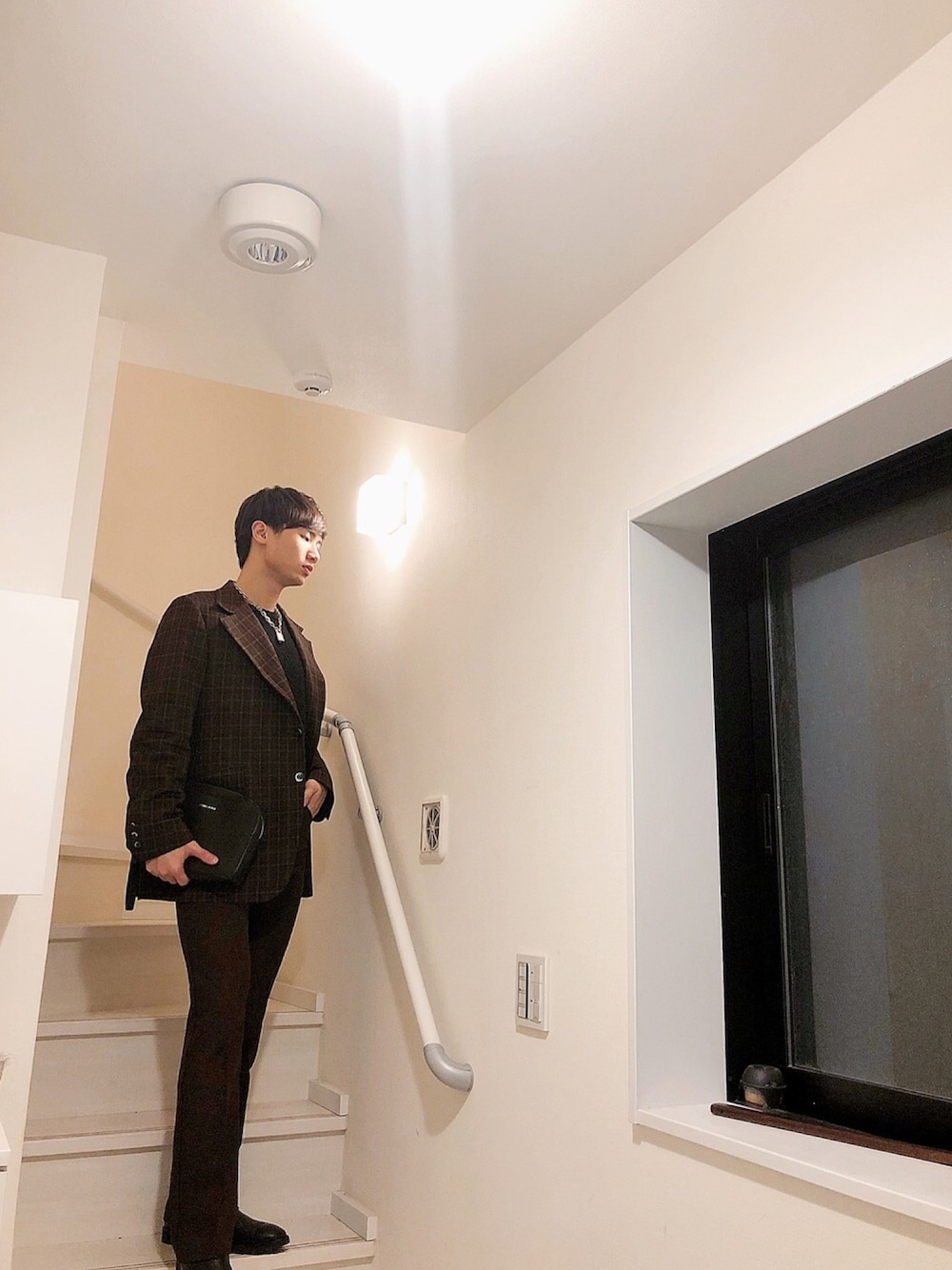 「春コーデ、スーツスタイル、フレアパンツ、オトナカジュアル、フォーマル、古着、WEGO、いいね、save、フォローお願いします🤑、おしゃれさんと繋がりたい、デート」｜「SHIPS JET BLUEのSHIPS JET BLUE: セミダブル チェックジャケット（その他アウター、グリーン系）」を使った、ミンミンさん（メンズ・172cm）の冬コーディネートの1枚目の写真