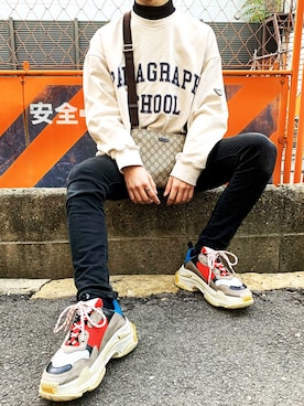 「Paragraph（パラグラフ）の【Paragraph/パラグラフ】カレッジスクールビッグクルースウェット（スウェット、ホワイト系）」を使った、S   H   Uさん（メンズ・170cm）の冬コーディネート