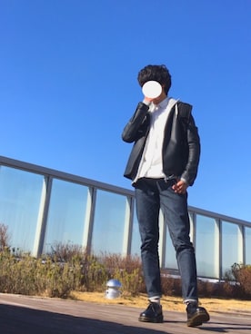 「マーチン」｜「アイテム（ライダースジャケット）」を使った、信玄さん（メンズ・168cm）の冬コーディネート