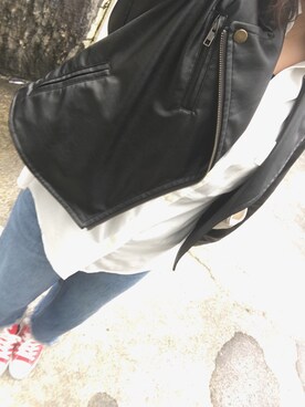 「ニコアンド」｜「アイテム（ライダースジャケット）」を使った、あやさん（レディース・163cm）の春コーディネート
