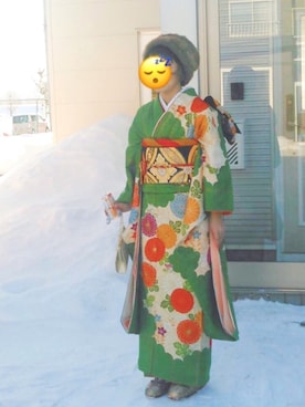 「アイテム（浴衣、グリーン系）」を使った、とまときらいさん（レディース・155cm）の冬コーディネート