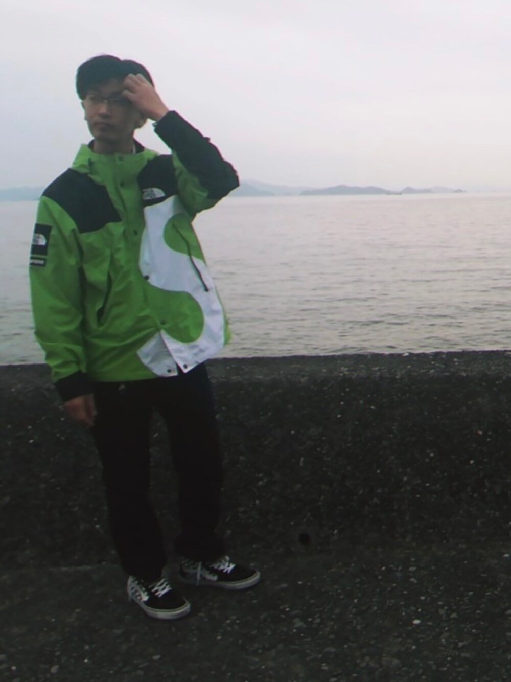 「supreme、northface、supremenorthface、visvim、DOVER STREET MARKET、VANS」｜「Supreme のアイテム（ナイロンジャケット、グリーン系）」を使った、ただしーにさん（メンズ・178cm）の冬コーディネートの1枚目の写真