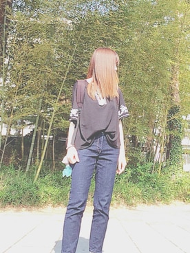 「GU（ジーユー）のアイテム（トップス、ブラック系）」を使った、Aya Imaiさん（レディース・159cm）の夏コーディネート