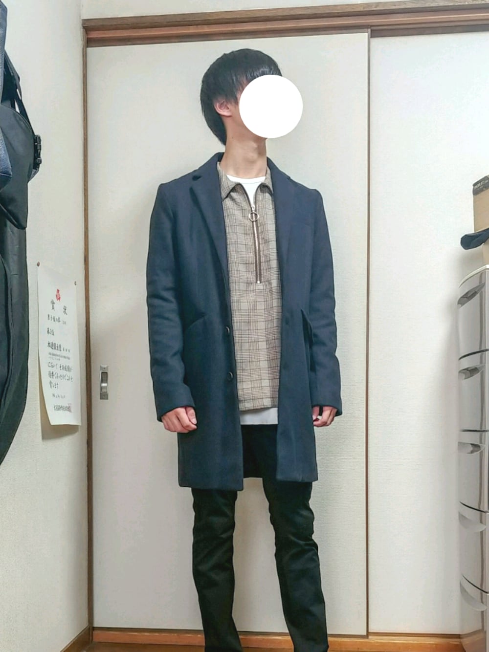 「プチプラ、THE CASUAL(THE CASUAL)、kutir、RAGEBLUE、GU、スキニー、チェックシャツ、低身長、ハーフジップ、チェスターコート」｜「THE CASUALのウールメルトンチェスターコート（チェスターコート、ブルー系）」を使った、yuna(低身長)さん（メンズ・161cm）の秋コーディネートの1枚目の写真