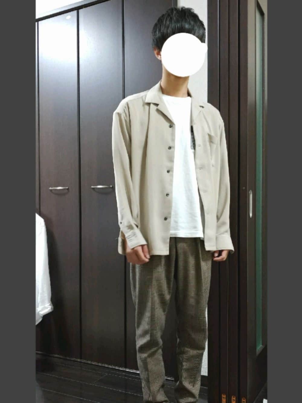 「オープンカラーシャツ、ベージュ、チェックパンツ、低身長、RAGEBLUE、VICCI、ブラウン、秋のコーデ、プチプラ、チェック柄に恋してる」｜「Vicciのグレンチェック柄テーパードパンツ / VIRE18-05（その他パンツ、ブラウン系）」を使った、yuna(低身長)さん（メンズ・161cm）の秋コーディネートの1枚目の写真