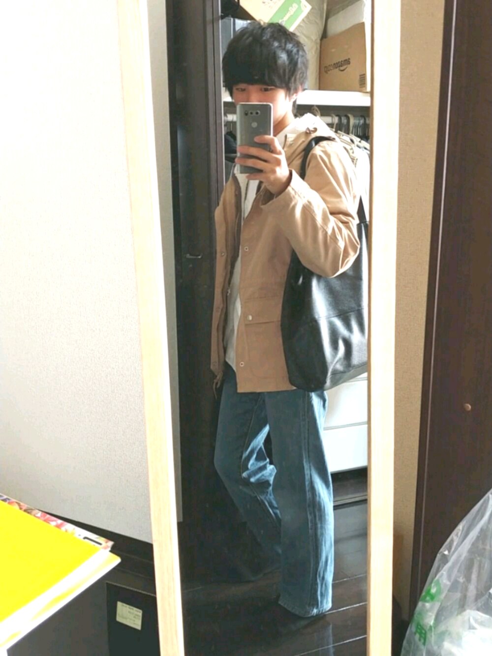 「低身長、低身長コーデ、classicalelf、Rocky Monroe、秋コーデ、THE CASUAL(THE CASUAL)、マウンテンパーカー、デニム、アースカラー、ボア」｜「classicalelfの3WAYボアライナー撥水マウンテンパーカー（マウンテンパーカー、ベージュ系）」を使った、yuna(低身長)さん（メンズ・161cm）の秋コーディネートの1枚目の写真