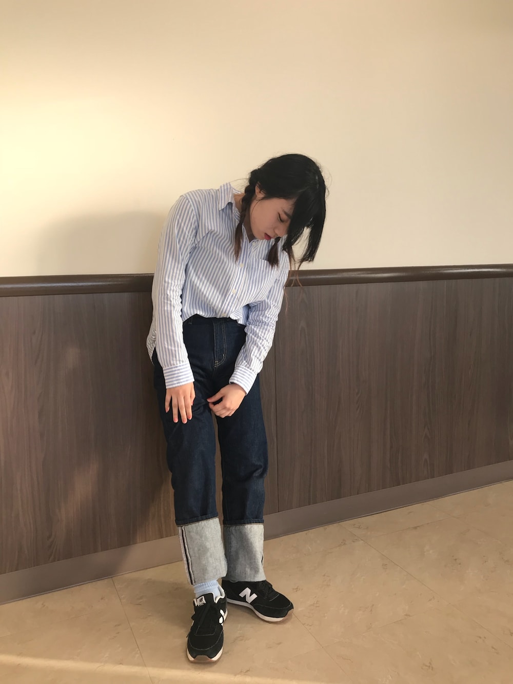 「spring、GAP、アイラブメンズライク、WEGO、New Balance」｜「GAPのFB SHIRT - STP（シャツ/ブラウス、ホワイト系）」を使った、えれなさん（レディース・158cm）の春コーディネートの1枚目の写真