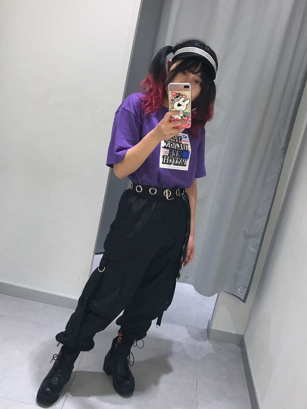 「原宿、LHP、WEGO、KOL ME BABY、サンバイザー」｜「KOL ME BABYのKOL ME BABY(コルミーベイビー）KOL ME BABY ボーダー　サンバイザー（サンバイザー、ブラック系）」を使った、えれなさん（レディース・158cm）の夏コーディネートの1枚目の写真