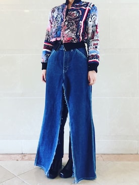 「デニムonデニム」｜「アイテム（ブルゾン）」を使った、はりーさん（レディース・169cm）の春コーディネート