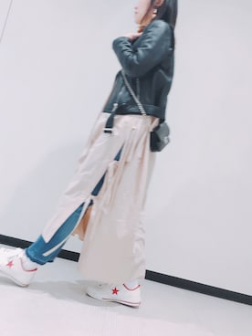 「Rouge vif（ルージュヴィフ）のアイテム（ライダースジャケット）」を使った、CalWangさん（レディース・158cm）の春コーディネート