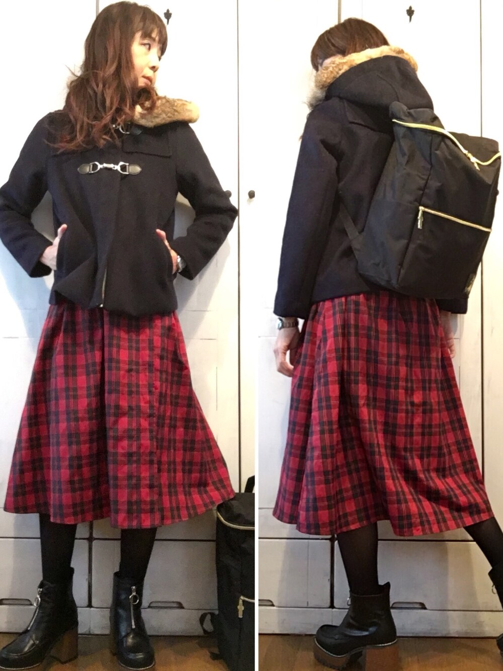 「年末WEAR感謝祭、テチチ(Te chichi)、チエック、厚底ブーツ、ムーミン、宝島社付録、好きな服を着隊、好きな服を好きなように着る🐷💕、40代女性、40代ファッション」｜「Te chichiの今日のアウター✨（ダッフルコート、ブルー系）」を使った、まゆみんさん（レディース・160cm）の冬コーディネートの1枚目の写真