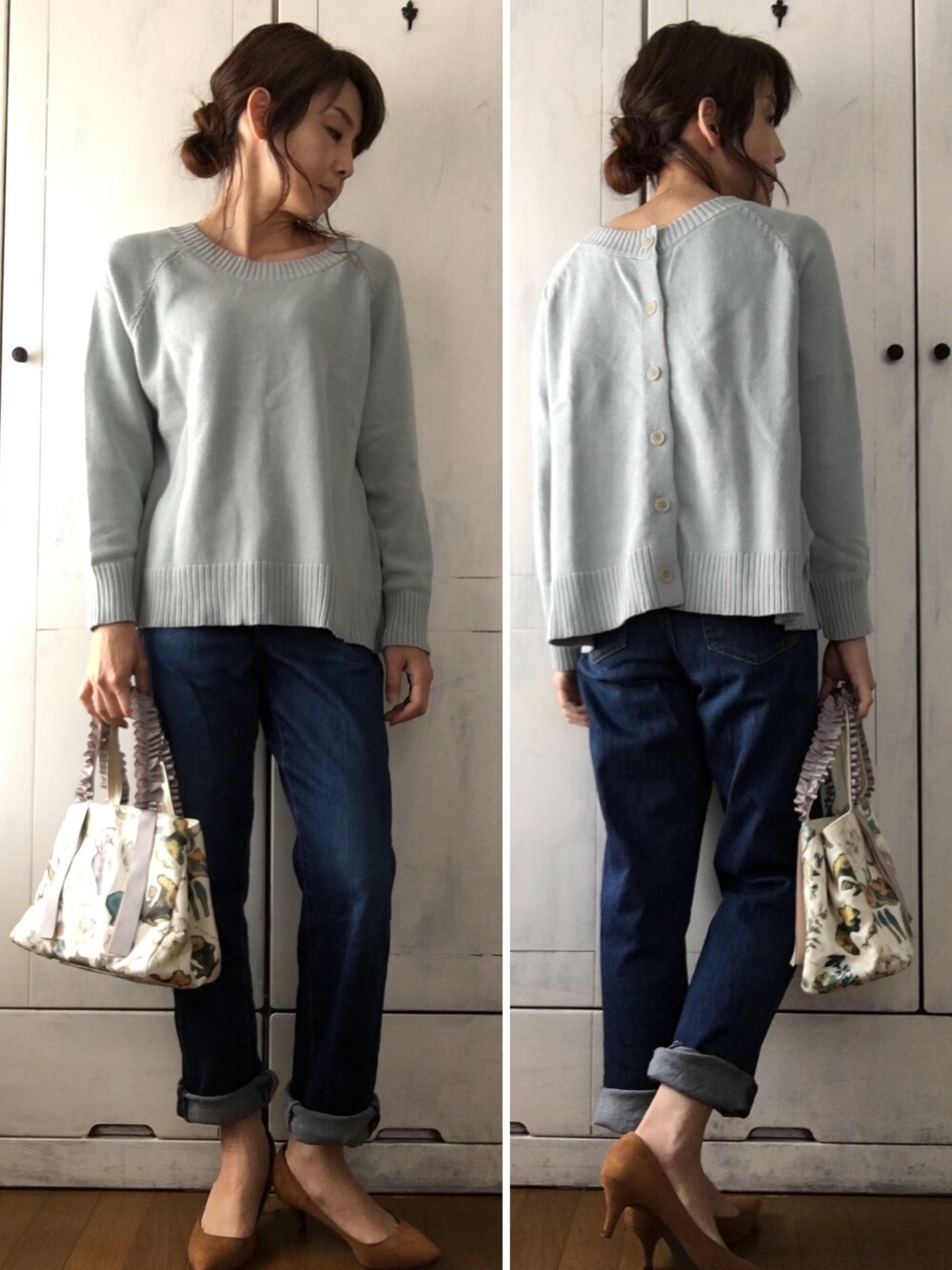 グリーン系のニット/セーター、ブルー系のデニムパンツ、ホワイト系のトートバッグを着用したレディースの冬コーディネートの1枚目の写真
