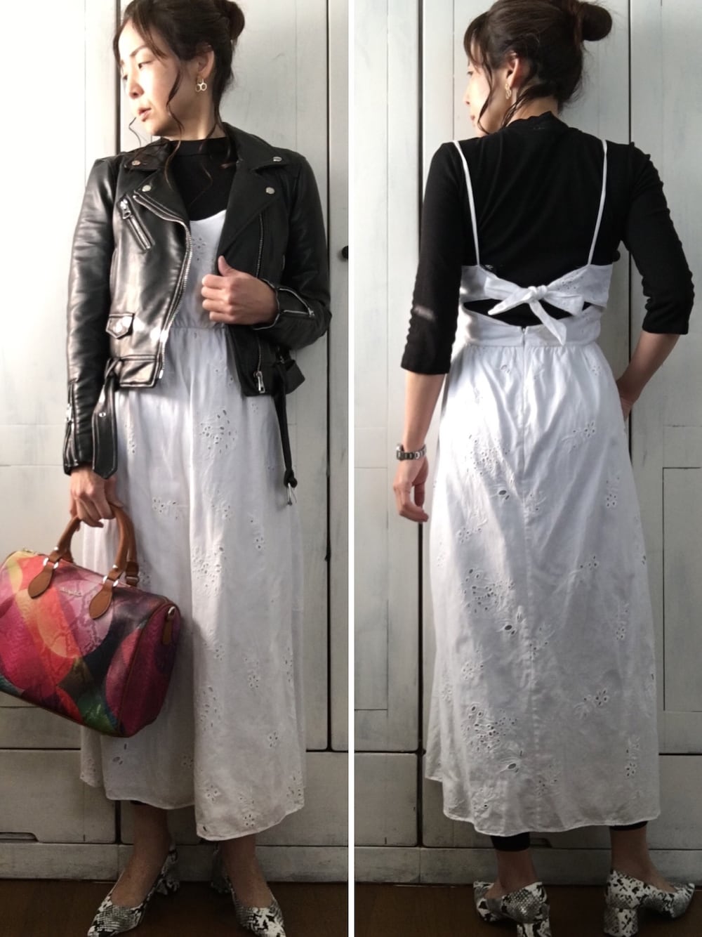 「ZARA、キャミワンピ、ライダース、パイソン柄、太ヒール、カラフルバッグ、背中にリボン🎀、アラフィフ、好きな服を着隊、好きな服を好きなように着る🐷💕」｜「ZARAのアイテム（Tシャツ/カットソー、ブラック系）」を使った、まゆみんさん（レディース・160cm）の春コーディネートの1枚目の写真