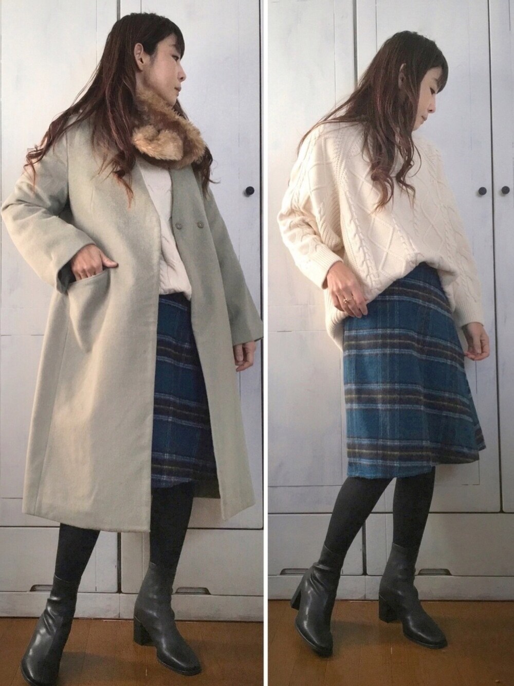 グリーン系のノーカラージャケット、ホワイト系のニット/セーター、グリーン系のスカートを着用したレディースの冬コーディネートの1枚目の写真