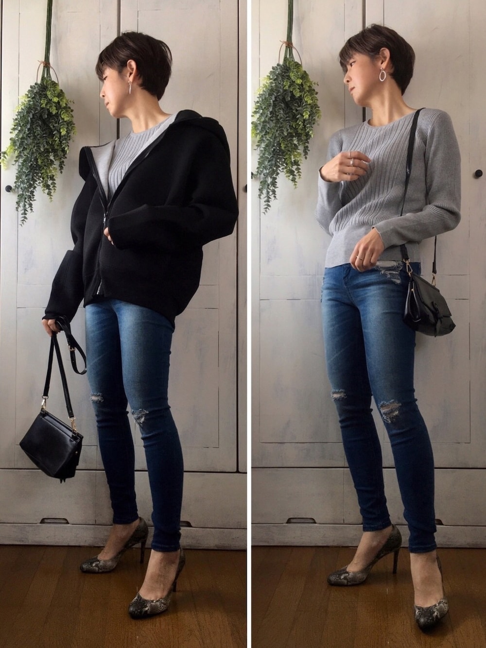 「シンプル、シンプルニット、春コーデ、春ニット、クリーコンフォルト、crie conforto、ダメージデニムパンツ、スキニーデニム、ハイヒール、アンティカ」｜「crie confortoのランダムリブクルーネックニット（ニット/セーター、グレー系）」を使った、まゆみんさん（レディース・160cm）の冬コーディネートの1枚目の写真