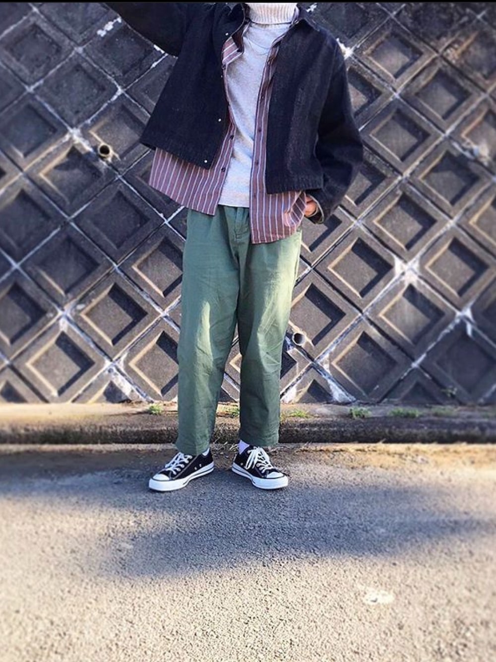 「bukht、niko and ...、レイジブルー(RAGEBLUE)、converse」｜「RAGEBLUEのアイテム（チノパンツ、グリーン系）」を使った、mimumimuさん（メンズ・169cm）の冬コーディネートの1枚目の写真
