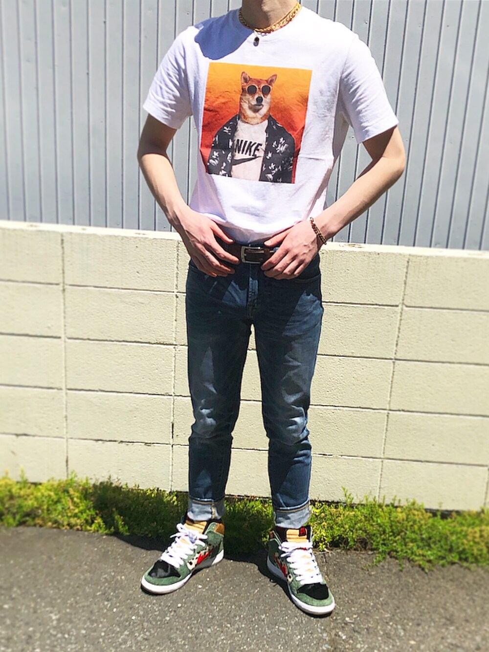 「タックイン、おしゃれさんと繋がりたい、低身長、大学生、ootd、summer」｜「American Eagleのアイテム（デニムパンツ、ブルー系）」を使った、mimumimuさん（メンズ・169cm）の春コーディネートの1枚目の写真